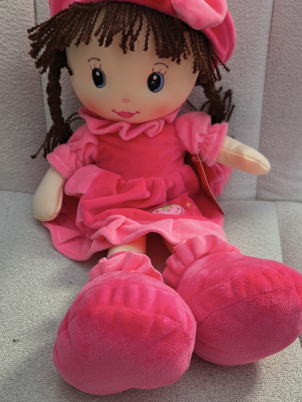 Soft Pink Plush Girl Doll with Dress and Hat